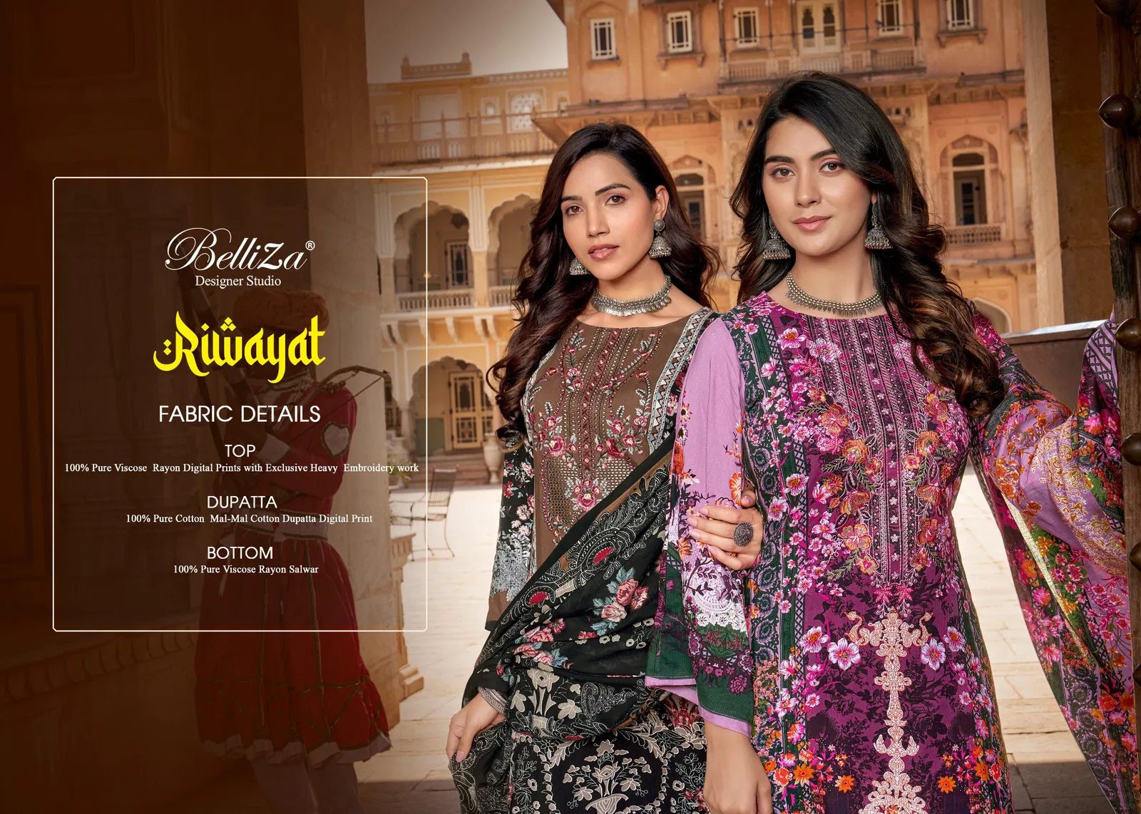 Riwayat By Belliza Viscose Rayon Digital Printed Dress Material Wholesale Price In Surat
